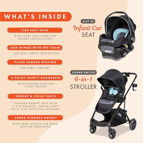 baby trend sonar switch 6-in-1 modular stroller travel system with ally 35 infant car seat desert blue