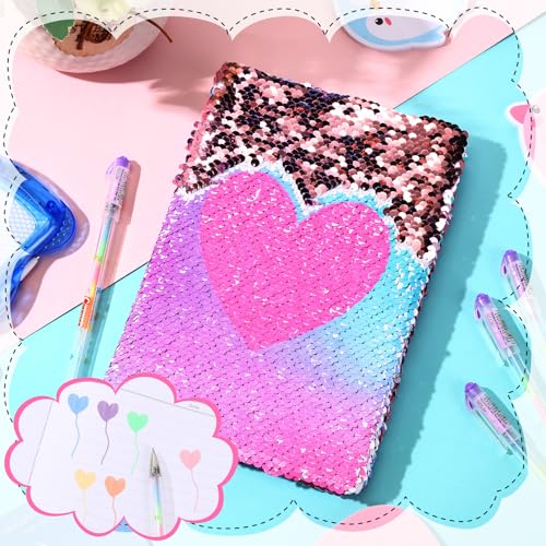 Image of Outus 4 Pcs Sequin Girls Journal Valentines Journal Gift with Color Gel Ink Pens Glitter Notebook Flip Writing Diary for Kids Girl Writing Drawing Travel Gifts(Gradient Pink,Heart)