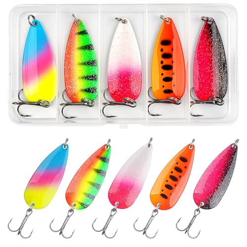 Spoon Fishing Lures Hard Metal Fishing Spoon Lures with Treble Hooks Casting Spinner Baits for Bass Trout Pike Saltwater Freshwater (1/8oz-5pcs)