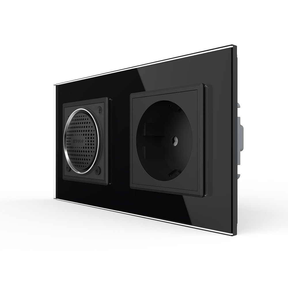 Luxus-Time LIVOLO Schuko Steckdose Wandsteckdose + Bluetooth Lautsprecher Sound Stereo Box Mini Speaker Einbaulautsprecher Wandlautsprecher UP inkl. Glasrahmen