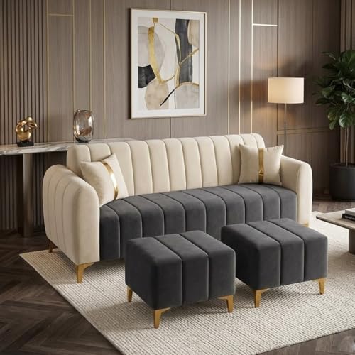 Image of FURNY Harmony 5 Seater L Shape Sofa Set with 2 Movable Ottoman & Golden Legs | Flexible Left or Right Layout | Plush Velvet Fabric (Dark Grey-Cream) | Perfect for Living Room, Guest Room & Office