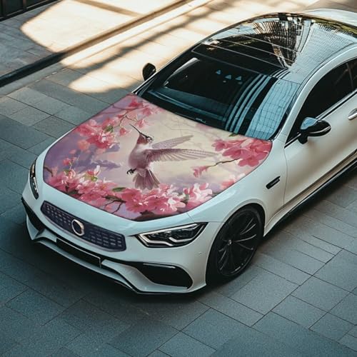 Image of Car Hood Cover, Pink Flower Hummingbird Print Car Hood Protector Car Hood Flag Waterproof Automotive Exterior Accessories for SUV Sedans Trucks Pickup Jeeps