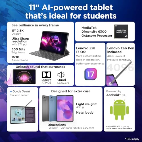Image of Lenovo Idea Tab with Folio Keyboard + Tab Pen | Wi-Fi + 5G |11 inch Display, 2.5K Resolution, 90Hz Refresh|8GB RAM, 256GB ROM| MediaTek Dimensity 6300| 7040mAh|4 Speakers| USB-C| Luna Grey