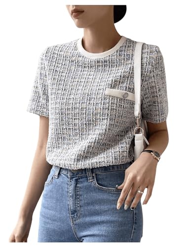 GORGLITTER Women's Plaid Print Tweed T Shirt Button Front Crew Neck Short Sleeve Tee Shirts
