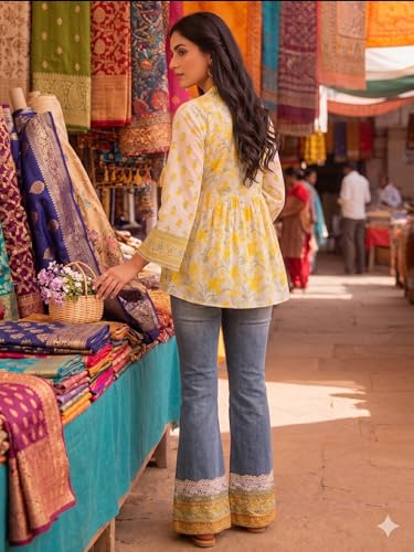 Image of Lymio Women's Printed Short Kurti Top | Rayon Mandarin Collar Casual Ethnic Tunic | Summer Printed Top (K-249)