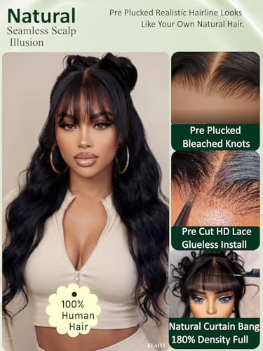Image of KLAIYI Bye Bye Slip Loose Body Wave Precut 7x5 HD Lace Front Wigs Human Hair 180% Density Drawstring Pre Plucked Bleached Knots 3S Ready to Wear and Go Wig with Curtain Bangs Beginner Friendly 18Inch