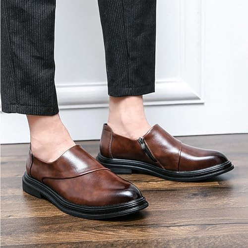 Men's Brogue Leather Slip-on Dress Shoes, Business Oxfords Side Zip Comfortable Elevated Fit for Grooms Professionals 5