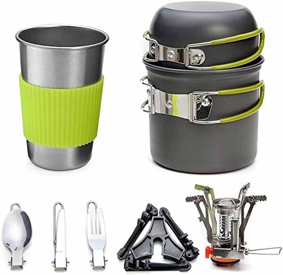 Aluminum Alloy Outdoor Camping Trip Cookware Camping Pot Hiking Picnic Tourist Tableware Set with Folding Spoon Mini Gas Stove (Color : B) (A)