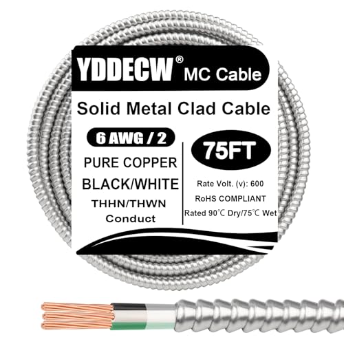 Image of 75ft 6 /2 Metal Clad (MC) Cable with Ground, 6 Gauge Electric Wire with Aluminum Armor, Solid Bare Copper Conductors for Indoor Outdoor Underground Embedded Installation (6 /2, 75 ft)