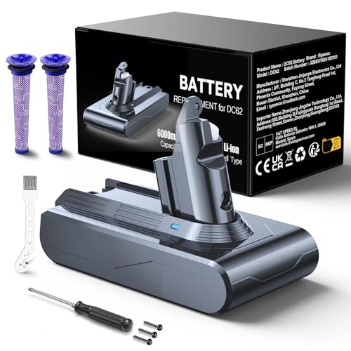 Battery Replacement for Dyson V6 6000mAh Battery Compatible with Dyson V6 DC62 DC61 DC59 DC58 DC72 DC74 SV03 SV05 SV06 SV07 SV09 Animal Absolute Trigger Fluffy Total Clean Cordless Vacuum
