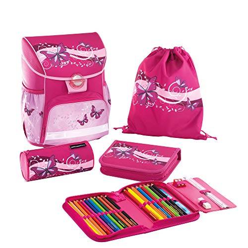 Eberhard Faber EFAlino 577616 Schooltassenset, bestaande uit rugzak, gevuld schooletui, pennenrol en sporttas, in hoogte verstelbaar, ergonomisch, met vlindermotief