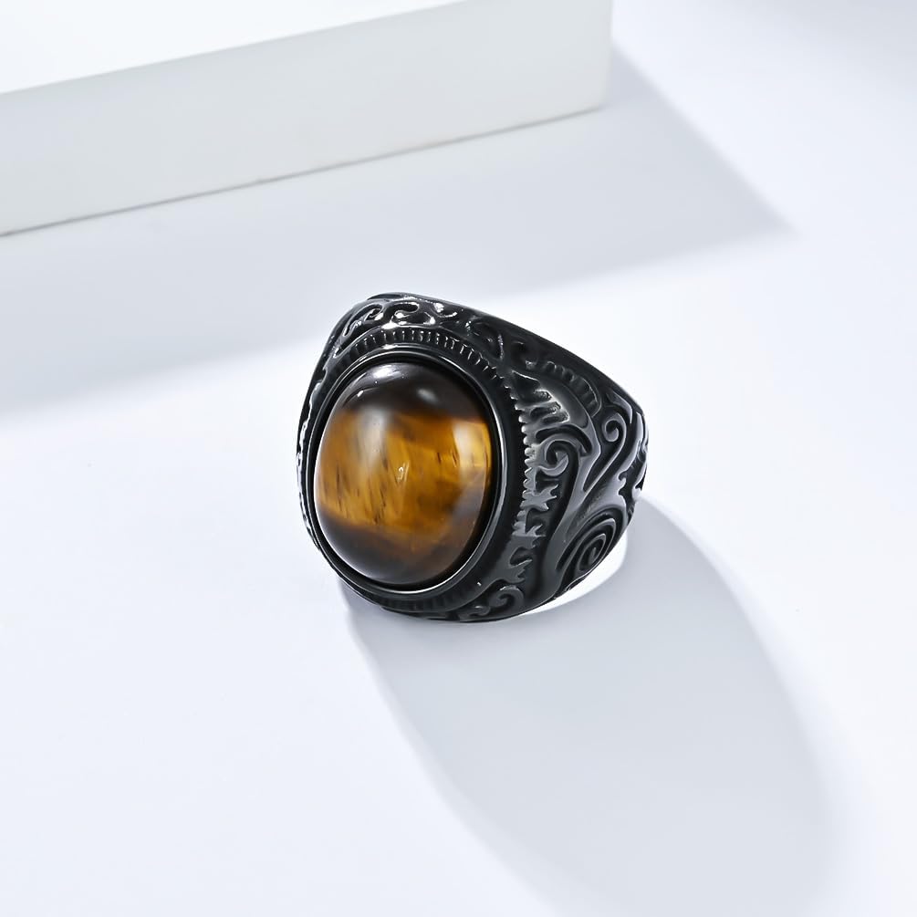 Retro Tiger Eye Stone Ring Oval Gemstone, Stainless Steel Engraving Vintage Decor Patterns for Men Women Signet Band Rings