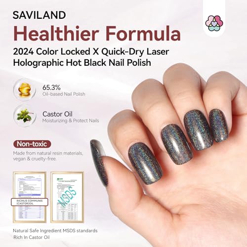 Image of SAVILAND Holographic Black Nail Polish: Metallic Chrome Nail Polish Air Dry Fast,10 ml /0.34 oz Winter Dark Black Glitter Nail Pigment Oil-based Shimmer Fingernail Polish for Salon DIY Home for Women