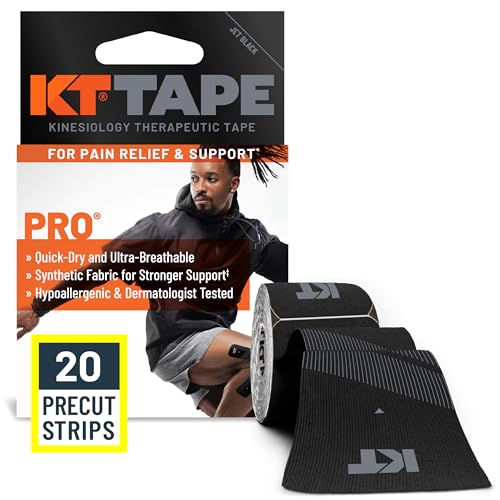 KT Tape, Pro Synthetic Kinesiology Athletic Tape, 20 Count, 10” Precut Strips, Jet Black