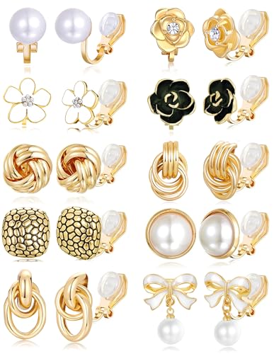 10 Pairs Clip on Earrings for Women Non Pierced CZ Rose Flower Bowtie Heart Twist Knot Pearl Dangle Clip on Stud Earring Set Gold Tone