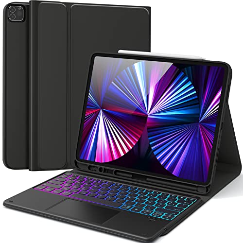 Earto Clavier iPad Pro 12.9, Rétroéclairage DIY 7 Couleurs, Smart Touchpad pour Coque Clavier iPad Pro 12.9 6e/5e/4e/3e Génération, Détachable sans Fil Clavier iPad Pro 12.9 2022 AZERTY, Noir