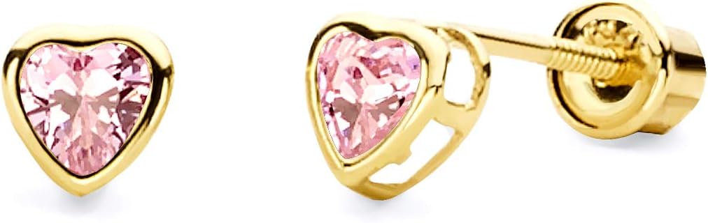 14k Yellow Gold 4mm Heart Bezel Set Stud Earrings with Screw Back - 12 Different Color Available