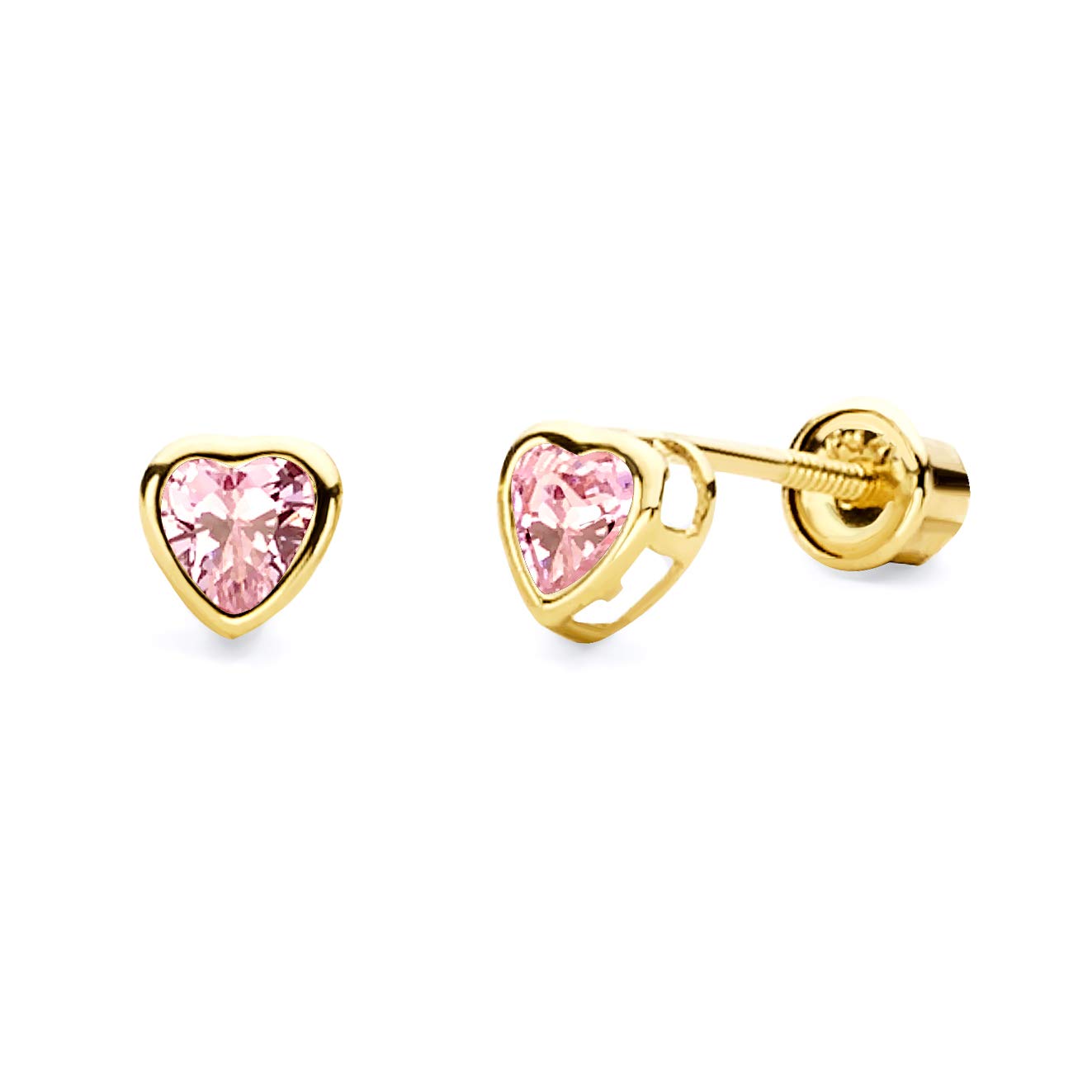 14k Yellow Gold 4mm Heart Bezel Set Stud Earrings with Screw Back - 12 Different Color Available