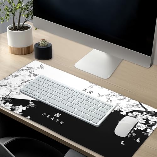 XXL Large Gaming Mouse Pad,Japanese Sakura Death Life Extended Desk Pad Non-Slip Rubber Base 35.4x15.7in