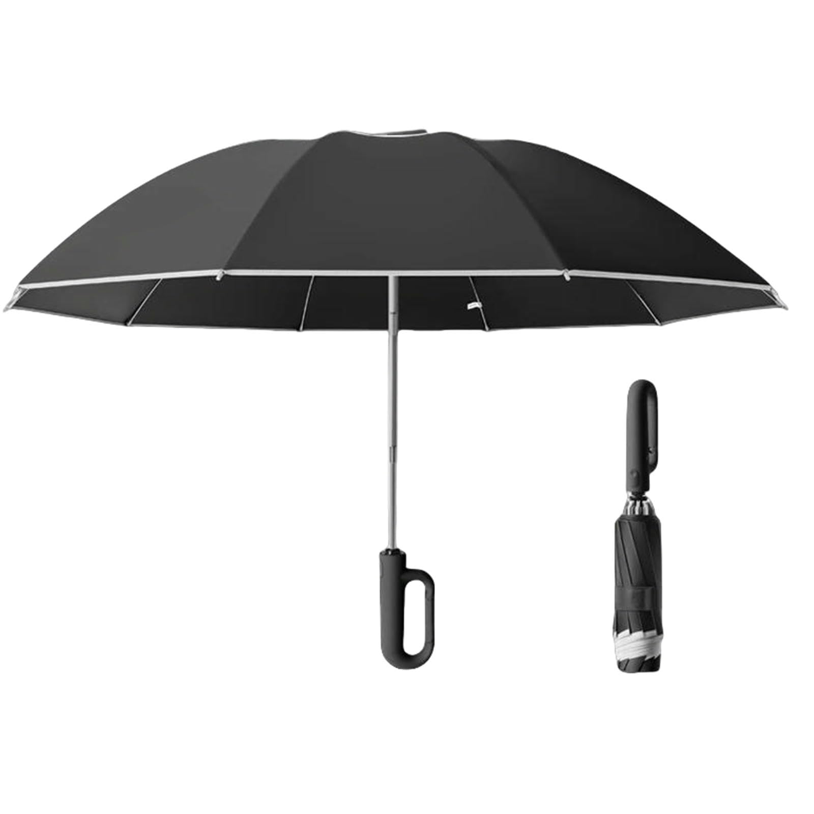 Ombrello Grande A Piegatura Inversa Antivento - Strisce Automatiche Aperte E Vicine, Riflettenti, Protezione Up50+ UV, Rain & Sun Parasol-125 Cm Nero