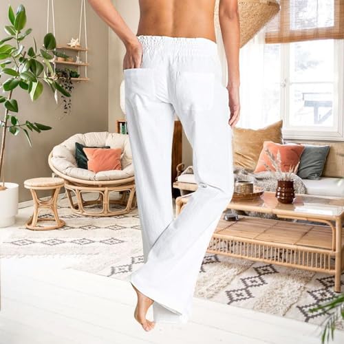 High Waist Wide Leg Linen Pants for Women Summer Elastic Smocked Drawstring Baggy Lounge Trousers Pants with Pockets2