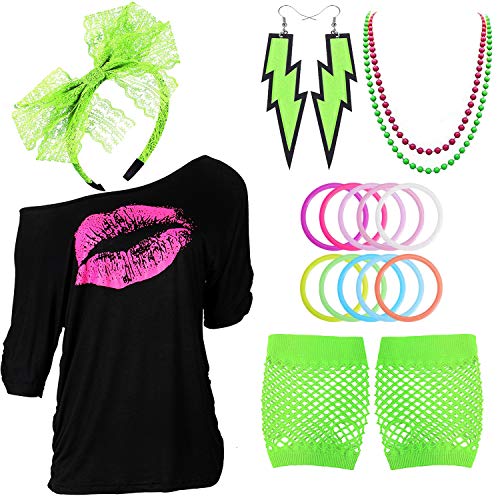 80s Outfits Costume Accessories for Women,I Love 80's Print Off Shoulder T-Shirt for 80s Costumes (2-Green, X-Large)