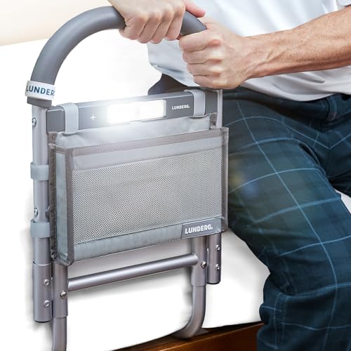 Lunderg Bed Assist Rail for Seniors with Motion-Activated Light & Storage Pocket - Easy to Install Bed Rails for Elderly Adults Safety & Post-Surgery - Helps Reduce Falls & Support Independence