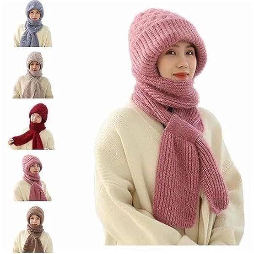 Womens 2-in-1 Integrated Hat & Scarf, Windproof Winter Woolen Cap with Ear Protection, Cold-Resistant Fleece, Soft & Comfortable Winter Activities (Pack Of 1)
