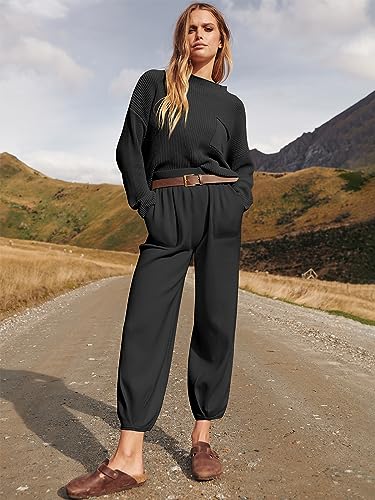 Prinbara Sweater Set for Women 2 Piece Outfits Sweatsuit Loungewear Matching Clothes Knit Casual Pants Cozy Fall Tracksuit Womens Lounge Sweatsuits Sweat Suits Black 1PA082-heise-L (JM29) - Thumbnail 7