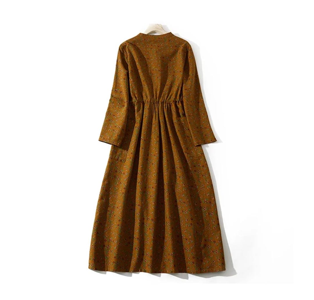 Vestido de algodón y lino con estampado floral para mujer, manga larga, cuello alto, casual, vestido midi, 666, XXL