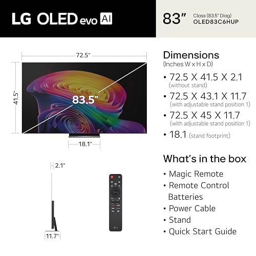 Image of LG 83-Inch Class OLED evo AI 4K C6 Series Smart TV w /Dolby Atmos, Dolby Vision, HDR10, AI Super Upscaling 4K, Filmmaker Mode, Wow Orchestra, Compatible with Alexa (OLED83C6HUP, 2026)