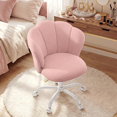 SONGMICS Swivel Office Desk Chair Makeup Vanity Chair for Dressing Table Teddy Fleece Holds 110 kg Petal Backrest Adjustable Height for Living Room Bedroom Jelly Pink OBG030SA02