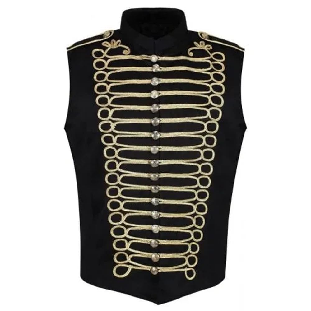 Handmade Men's Military Hussar Sleeveless Black & Gold