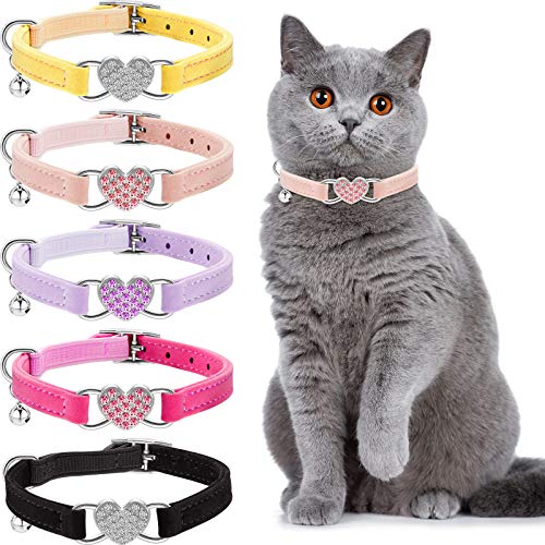 Weewooday 5 Pieces Heart Bling Cat Collar Soft Velvet Cat Collar with Love Heart Rhinestone Valentine s Day Cat Collar with Bell Adjustable for Kitty, 5 Colors (Purple, Pink, Rose Red, Black, Yellow)