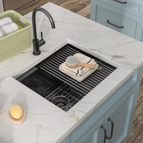 Image of 21 inchx18 inch Undermount Black Laundry Utility Sink Workstation | Gunmetal Black NANO-PVD 16 Gauge T304 Stainless Steel 12 Inch Deep Single Bowl Sink Basin for Laundry Room RV Utility Use