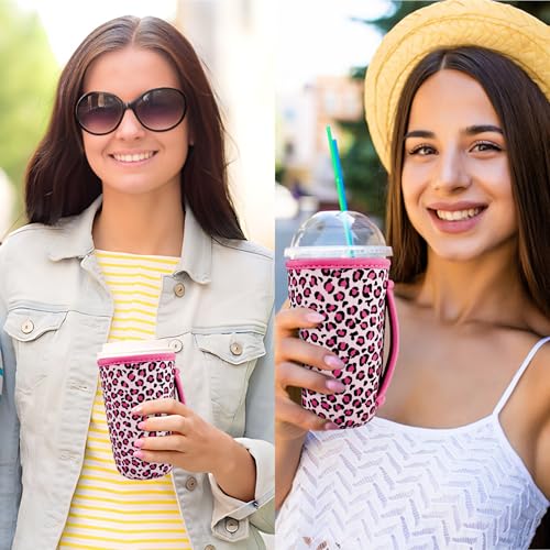 Image of KJQJLY 3 Pack Reusable Iced Coffee Sleeves for Iced Coffee Cups or Drinks Reusable Neoprene Insulated Sleeves for Hot and Cold Drinks from Starbucks, Dunkin, And More (pink leopard print)