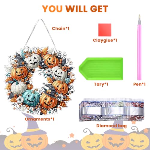 Image of PATPAT DIY Halloween Ornament Diamond Art Craft Kit, 9.4'' Dia Door Hanging Ornament, Classic Pumpkin Design, DIY Diamond Art Wreath for Halloween Room Decor, Party