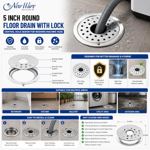 Image of NEW WARE 5 Inch Round Stainless Steel Floor Drain with Central Hole & Lock | Heavy Duty Anti Clog Chrome Finish SS Drain Jali for Bathroom, Kitchen, Balcony, Utility, Terrace & Outdoor Drain Cover