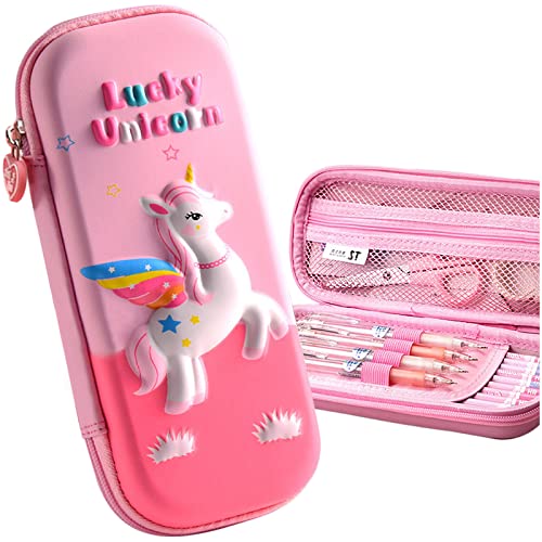 Estojo de lápis para crianças meninas unicórnio 3D grande capacidade caixa de lápis à prova d'água com compartimentos bolsa de caneta fofa para jardim de infância e escola (rosa)