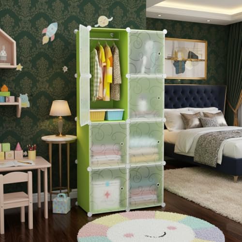 Image of KRISHYAM Kids Modular Storage Cabinet with anging Rail, 8 Cube Plastic Wardrobe Organizer, DIY Closet System with Hanging Rod, Toy & Clothes Storage (Green Plain, 8 Box)