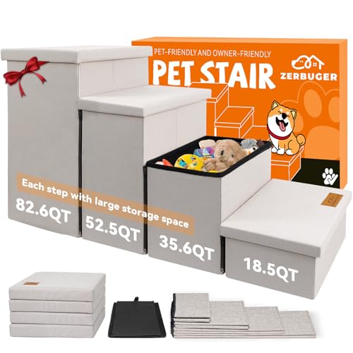 Image of Zerbuger Dog Stairs with Storage 23 inch H, 4-Step Wider Dog Steps for High Beds Window, Folding Sturdy Pet Stairs Gift for Small /Medium /Large Old Dogs Cat, Ramp for Climbing Car Up to 200 lbs, Beige