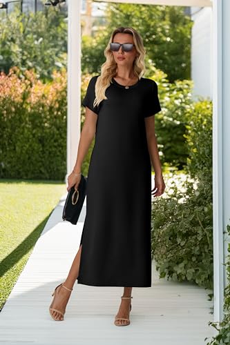 Lepunuo Casual Dresses for Women Crew Neck Short Sleeve Wrinkle-Free Split Maxi Dress Vacation Outfits with Pockets4