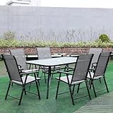 DKIEI 7pcs Garden Furniture Dining Set, 150 * 90cm Rectangle Glass Table and 6 Garden Folding Chair, with Umbrella Hole, Outdoor Furniture Set for Patio Balcony Bistro Backyard, Black - Image 1