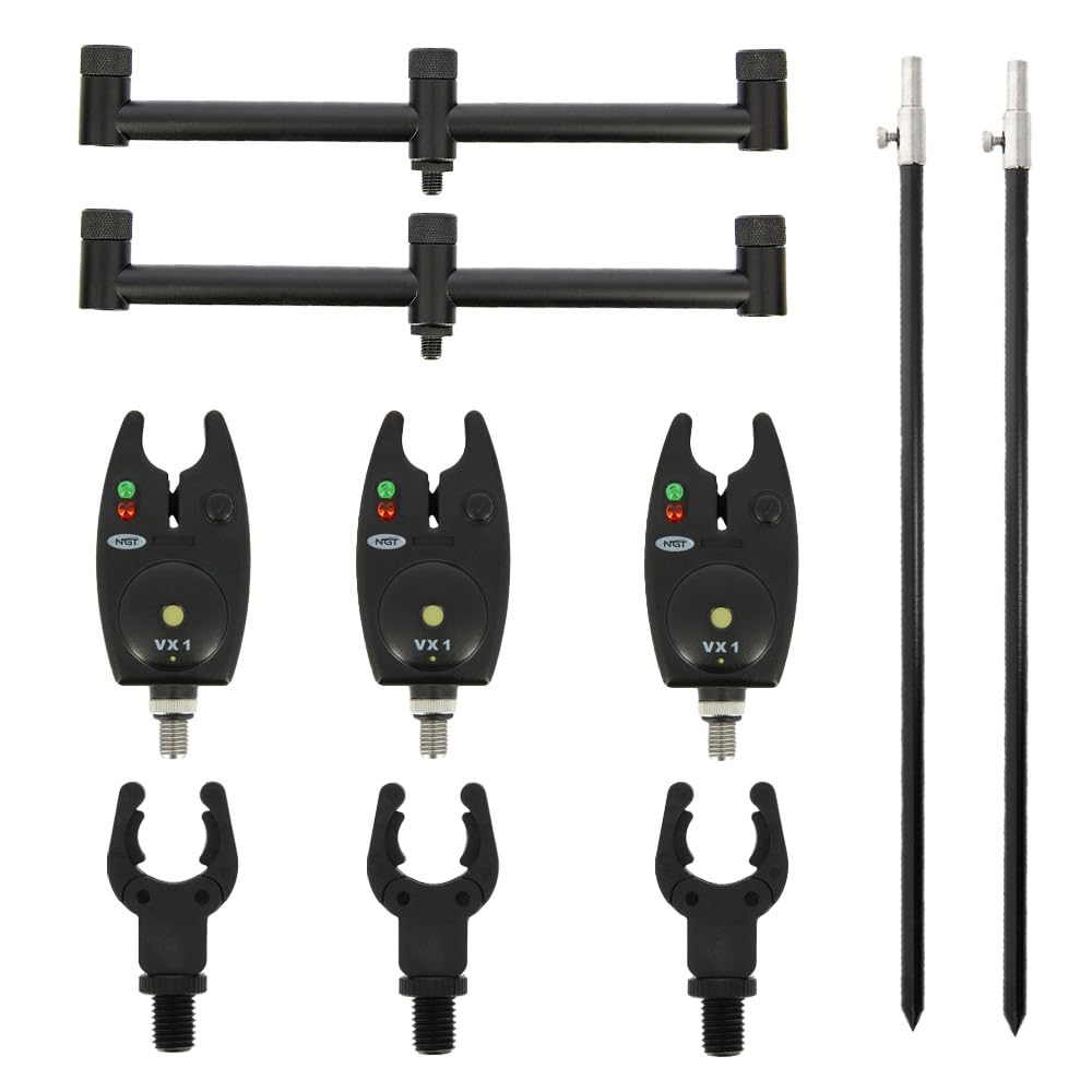 Bissanzeiger Set mit 2 Banksticks, 2 Buzzer-Bars für 3 Ruten und 3 Rutenhalter, 3 Bissanzeiger Angelrutenhalter Set, Rutenauflage Set, Rutenständer Set