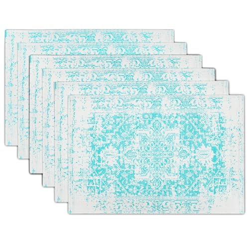 Image of Gray Aqua Turquoise Boho Placemats Set of 6 Ethnic Bohemian Carpet Place Mats Washable Kitchen Dining Vintage Grey Floral Linen Table Mats Stain Heat-Resistant for Home Party Indoor 12x18 in