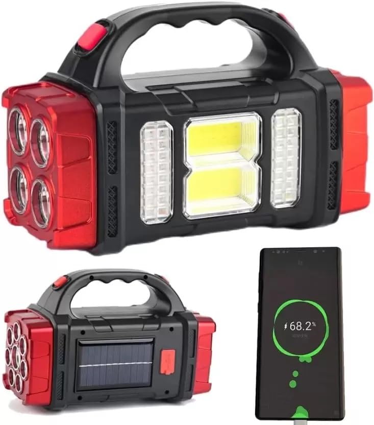 Image of Care 4 Multifunction Solar Waterproof Flashlight with USB Charging,Twin Bulb LED & COB 5 hrs Torch Emergency Light (Red)
