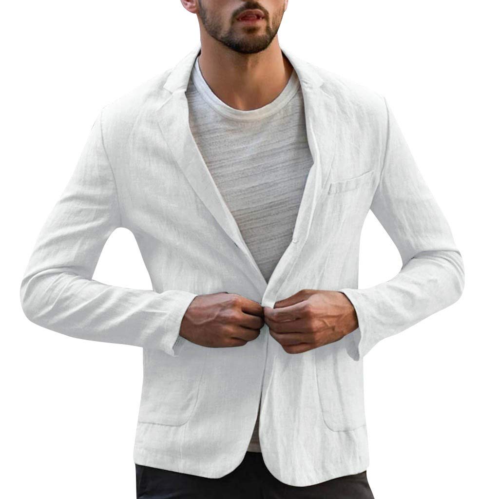 Beautyfine Men's Linen Blend Suits Blazer Pocket Solid Long Sleeve Jacket Outwear Slim Fit