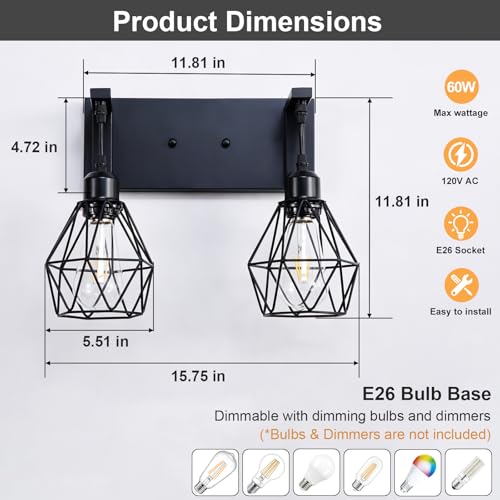 Image of Somniferous Farmhouse Bathroom Light Fixtures, 2 Light Bathroom Vanity Light Over Mirror, Black Bathroom Light with Caged Metal Shade, Rustic Wall Sconce for Bedroom, Living Room, Hallway, E26 Socket