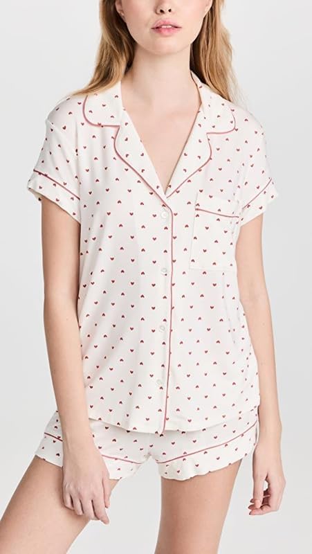 Image of Seyurigaoka Womens Heart Print Pajamas Shorts Set Short Sleeve Sleepwear Loungewear Button-Down 2 Piece Pjs Set