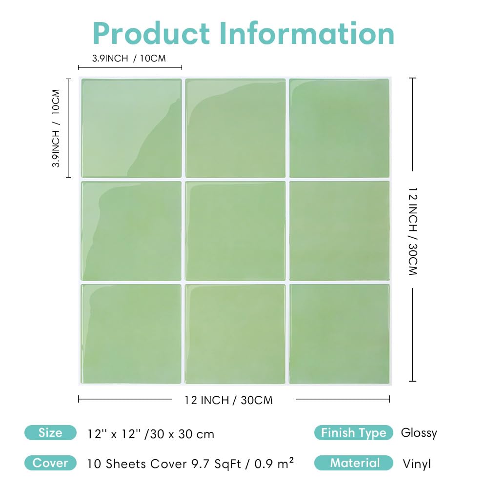 Commomy Più Spessi Paraschizzi Cucina Adesivo, Verde Salvia Piastrelle Mattonelle Adesive Bagno Vinile 3D Metro, Adesivi per Piastrelle Impermeabili(10 pezzi, 30,5 x 30,5 cm)
